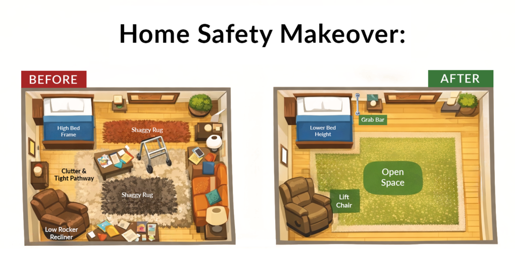 Home safety makeover before‑and‑after comparison highlighting reduced fall hazards and improved accessibility.